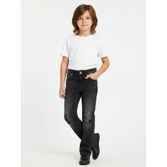 True Religion Kids Jeans Size 7 Black Dark Grey Distressed Button Fly Casual Tre - Picture 1 of 6